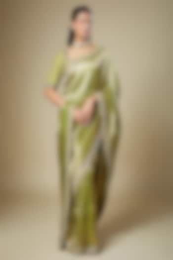 Olive Green Banarasi Zardosi Embroidered Woven Bridal Saree Set by Jayanti Reddy at Pernia's Pop Up Shop