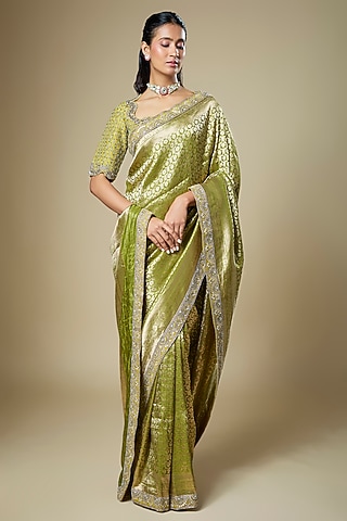 Olive Green Banarasi Zardosi Embroidered Woven Saree Set by Jayanti Reddy