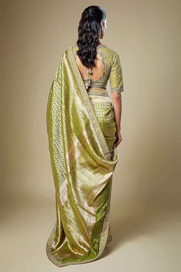 Olive Green Banarasi Zardosi Embroidered Woven Bridal Saree Set by Jayanti Reddy at Pernia's Pop Up Shop