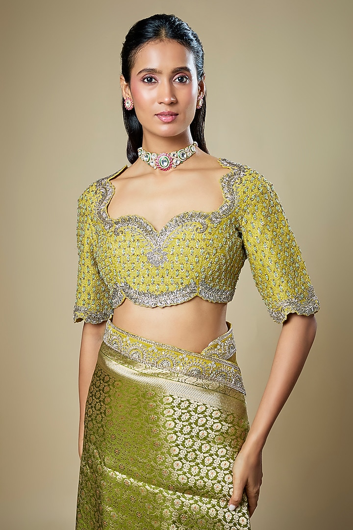 Olive Green Banarasi Zardosi Embroidered Woven Bridal Saree Set by Jayanti Reddy at Pernia's Pop Up Shop
