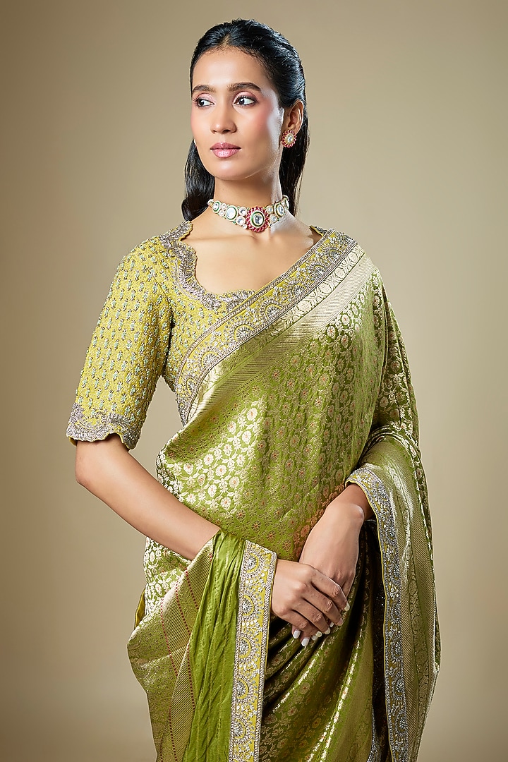 Olive Green Banarasi Zardosi Embroidered Woven Bridal Saree Set by Jayanti Reddy at Pernia's Pop Up Shop