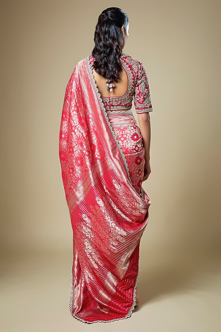 Red Banarasi Zardosi Embroidered Woven Bridal Saree Set by Jayanti Reddy at Pernia's Pop Up Shop