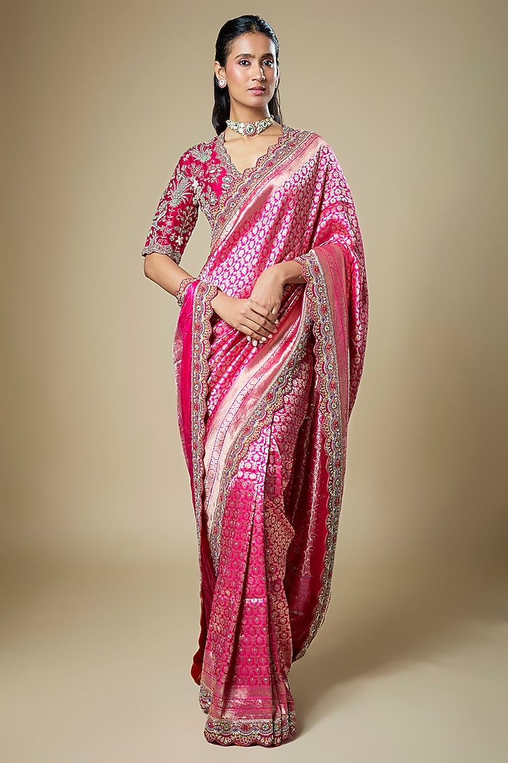 Pink Banarasi Zardosi Embroidered Woven Bridal Saree Set by Jayanti Reddy at Pernia's Pop Up Shop