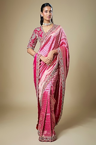 Pink Banarasi Zardosi Embroidered Woven Saree Set by Jayanti Reddy