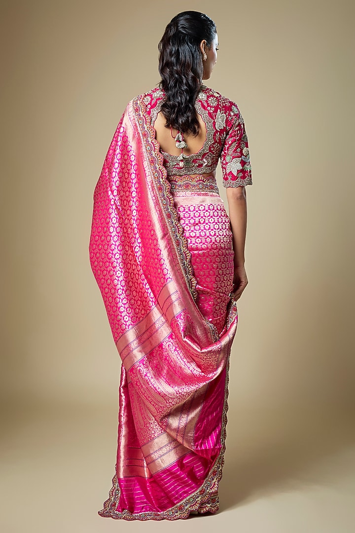 Pink Banarasi Zardosi Embroidered Woven Bridal Saree Set by Jayanti Reddy at Pernia's Pop Up Shop