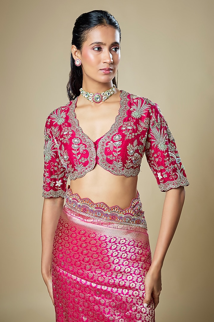 Pink Banarasi Zardosi Embroidered Woven Bridal Saree Set by Jayanti Reddy at Pernia's Pop Up Shop