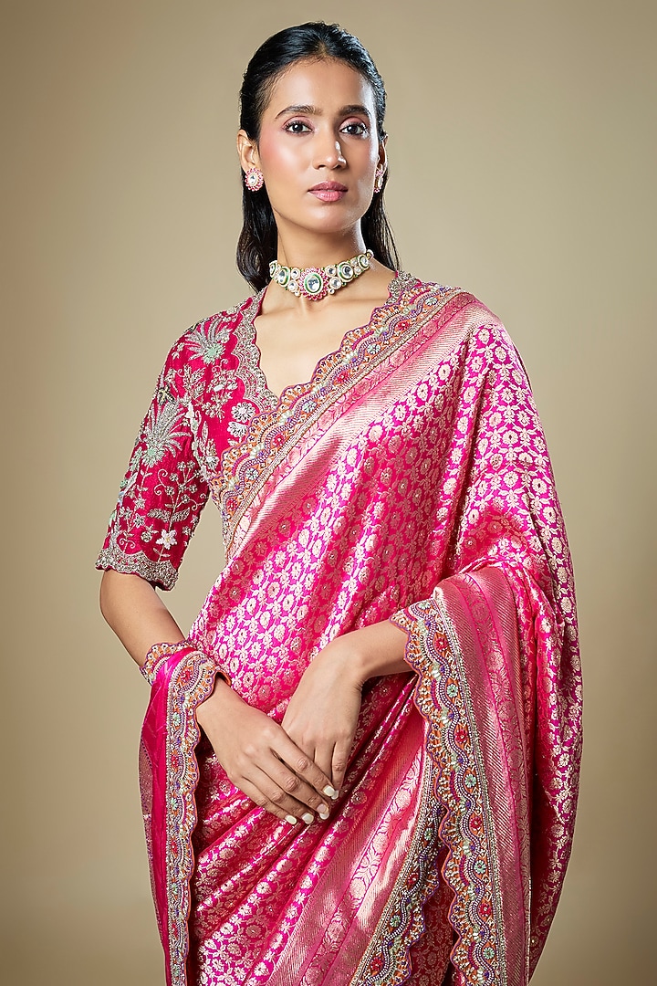 Pink Banarasi Zardosi Embroidered Woven Bridal Saree Set by Jayanti Reddy at Pernia's Pop Up Shop