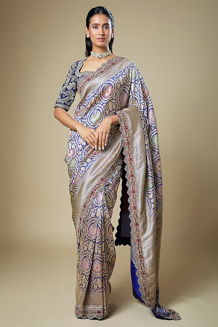 Purple Banarasi Zardosi Embroidered Woven Bridal Saree Set by Jayanti Reddy at Pernia's Pop Up Shop