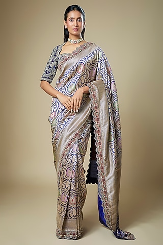 Purple Banarasi Zardosi Embroidered Woven Saree Set by Jayanti Reddy