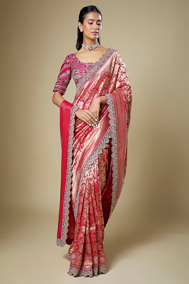 Red Banarasi Zardosi Embroidered Woven Bridal Saree Set by Jayanti Reddy at Pernia's Pop Up Shop