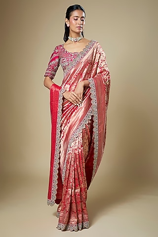 Red Banarasi Zardosi Embroidered Woven Saree Set by Jayanti Reddy