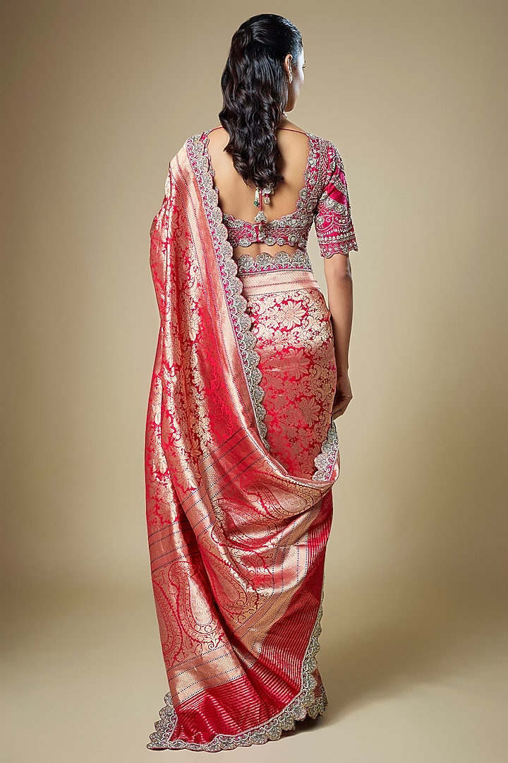 Red Banarasi Zardosi Embroidered Woven Bridal Saree Set by Jayanti Reddy at Pernia's Pop Up Shop