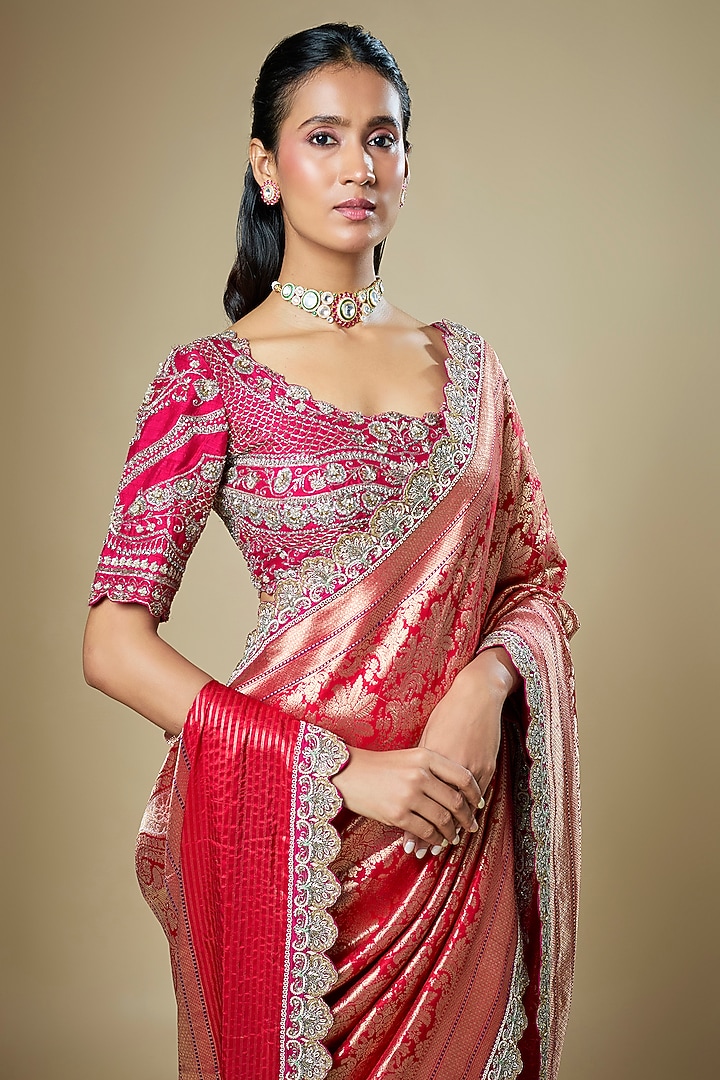 Red Banarasi Zardosi Embroidered Woven Bridal Saree Set by Jayanti Reddy at Pernia's Pop Up Shop