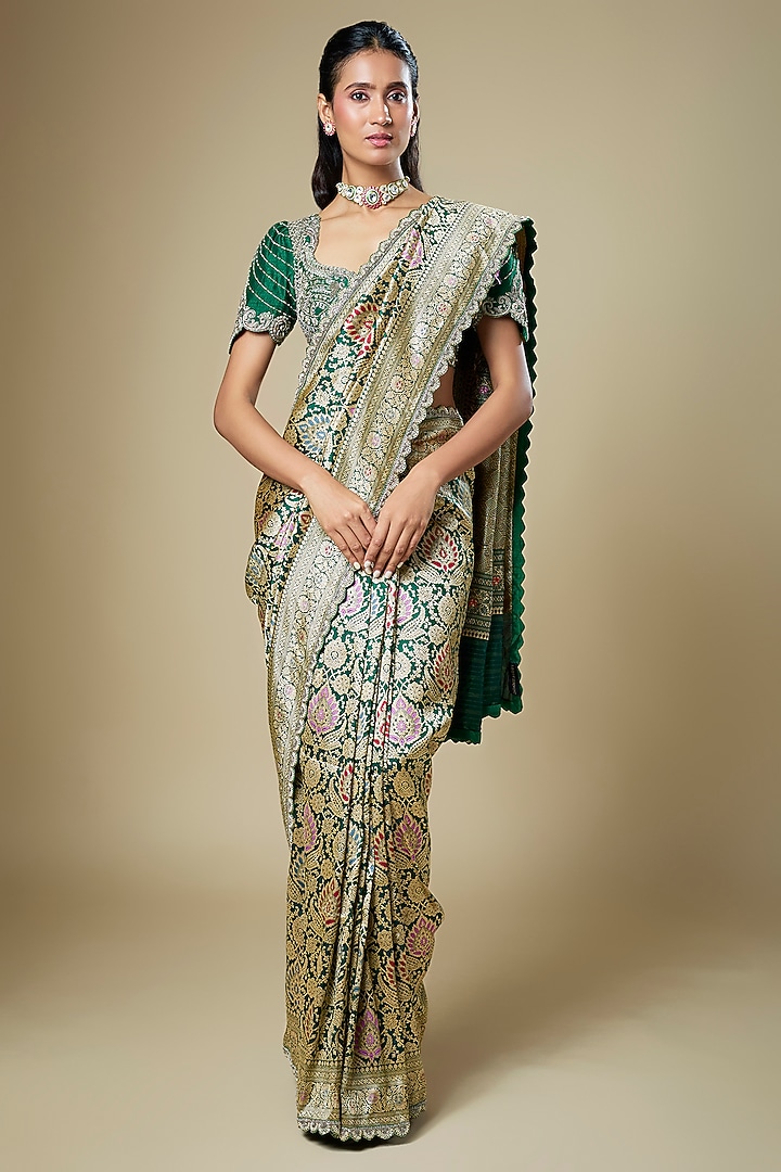 Bottle Green Banarasi Zardosi Embroidered Woven Bridal Saree Set by Jayanti Reddy at Pernia's Pop Up Shop