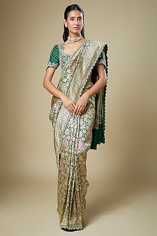 Bottle Green Banarasi Zardosi Embroidered Woven Saree Set by Jayanti Reddy