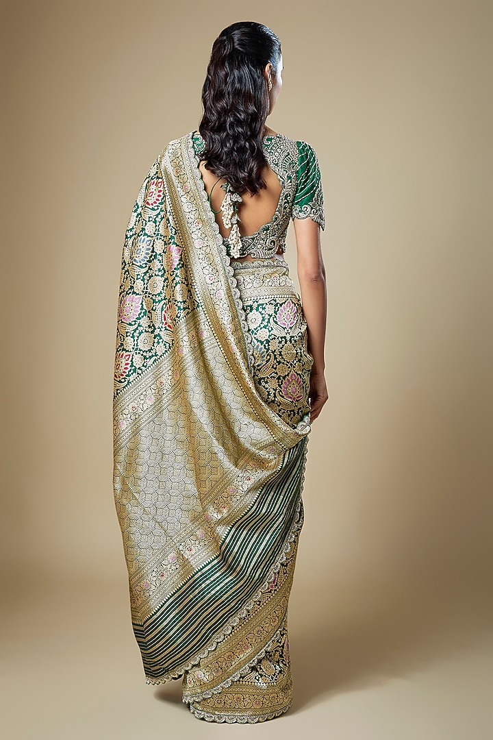 Bottle Green Banarasi Zardosi Embroidered Woven Bridal Saree Set by Jayanti Reddy at Pernia's Pop Up Shop