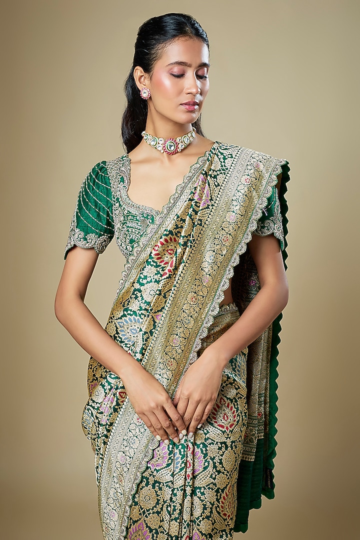 Bottle Green Banarasi Zardosi Embroidered Woven Bridal Saree Set by Jayanti Reddy at Pernia's Pop Up Shop