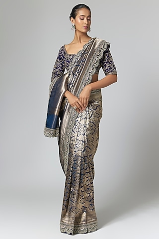 Navy Blue Banarasi Silk Embellished Saree Set by Jayanti Reddy
