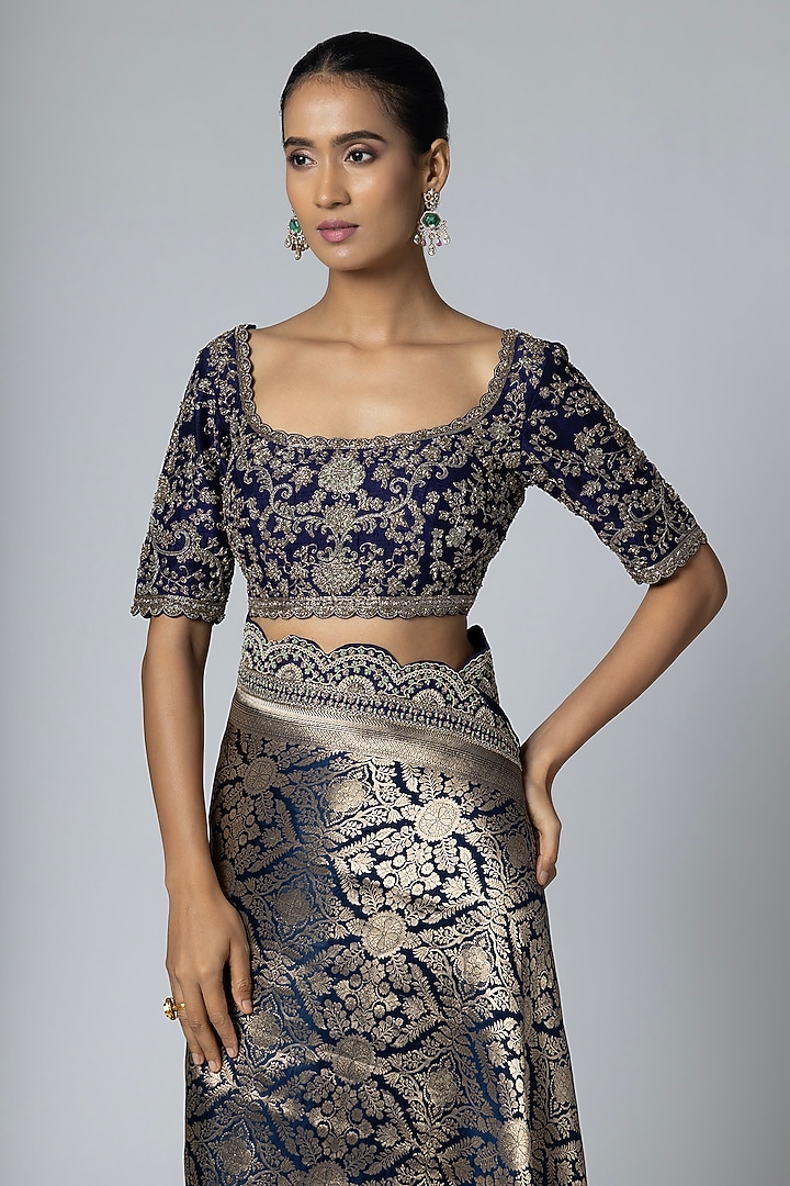 Navy Blue Banarasi Silk Embellished Bridal Saree Set by Jayanti Reddy at Pernia's Pop Up Shop