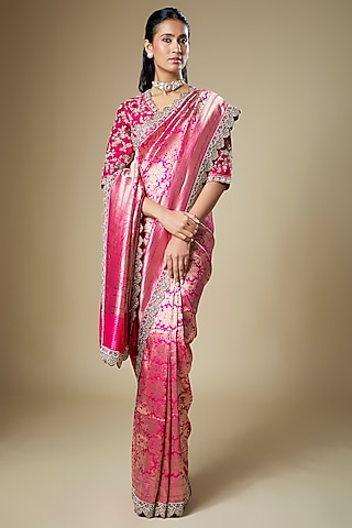 Pink Banarasi Zardosi Embroidered Woven Saree Set by Jayanti Reddy