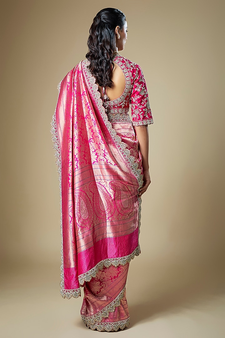 Pink Banarasi Zardosi Embroidered Woven Bridal Saree Set by Jayanti Reddy at Pernia's Pop Up Shop