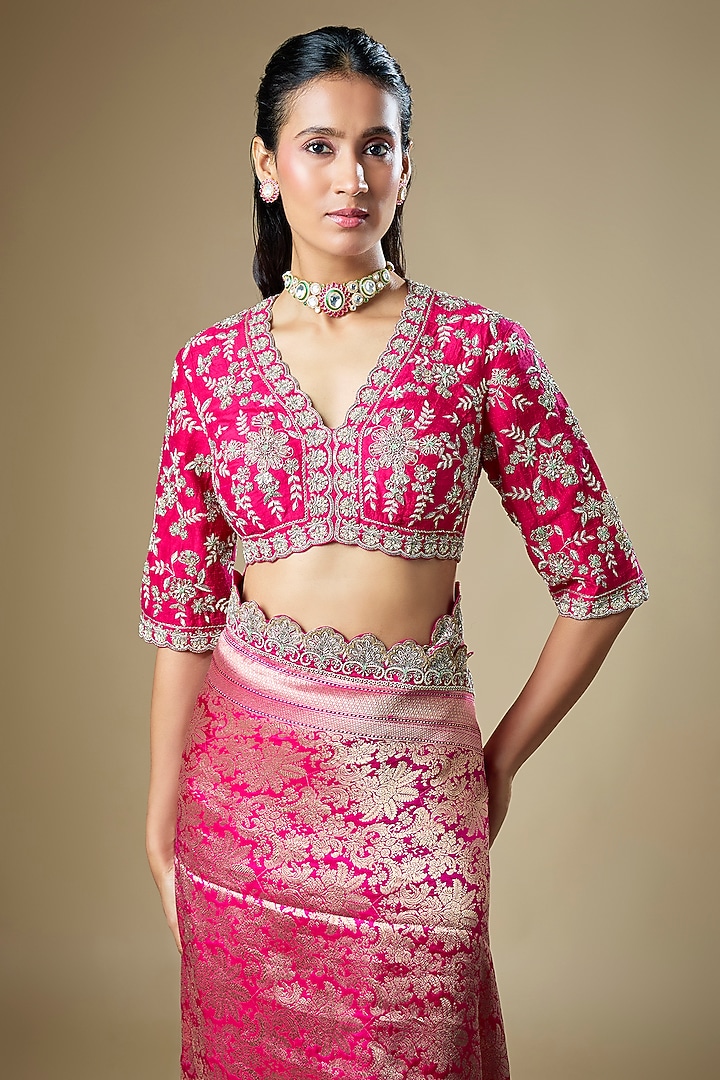 Pink Banarasi Zardosi Embroidered Woven Bridal Saree Set by Jayanti Reddy at Pernia's Pop Up Shop