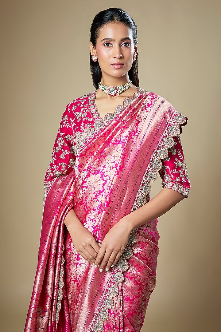 Pink Banarasi Zardosi Embroidered Woven Bridal Saree Set by Jayanti Reddy at Pernia's Pop Up Shop