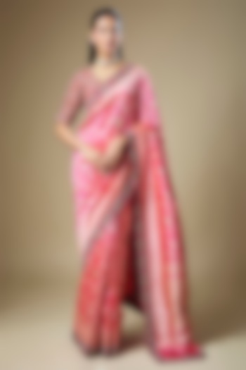 Pink Banarasi Zardosi Embroidered Woven Bridal Saree Set by Jayanti Reddy at Pernia's Pop Up Shop