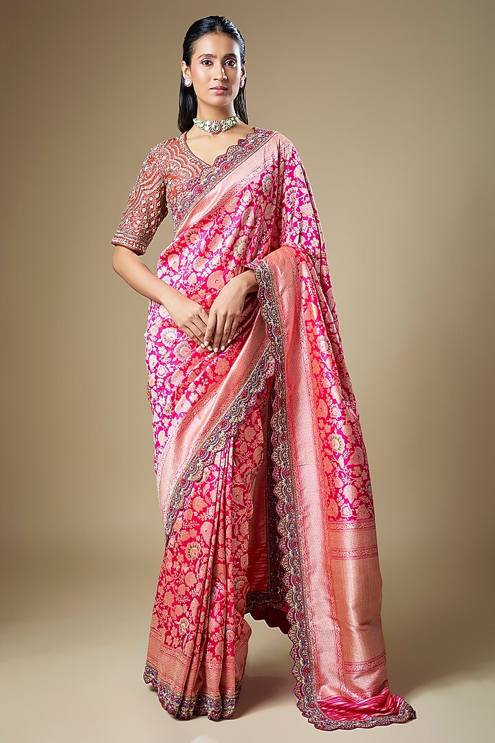 Pink Banarasi Zardosi Embroidered Woven Bridal Saree Set by Jayanti Reddy at Pernia's Pop Up Shop