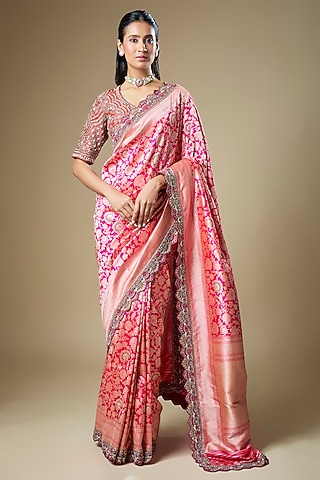 Pink Banarasi Zardosi Embroidered Woven Saree Set by Jayanti Reddy