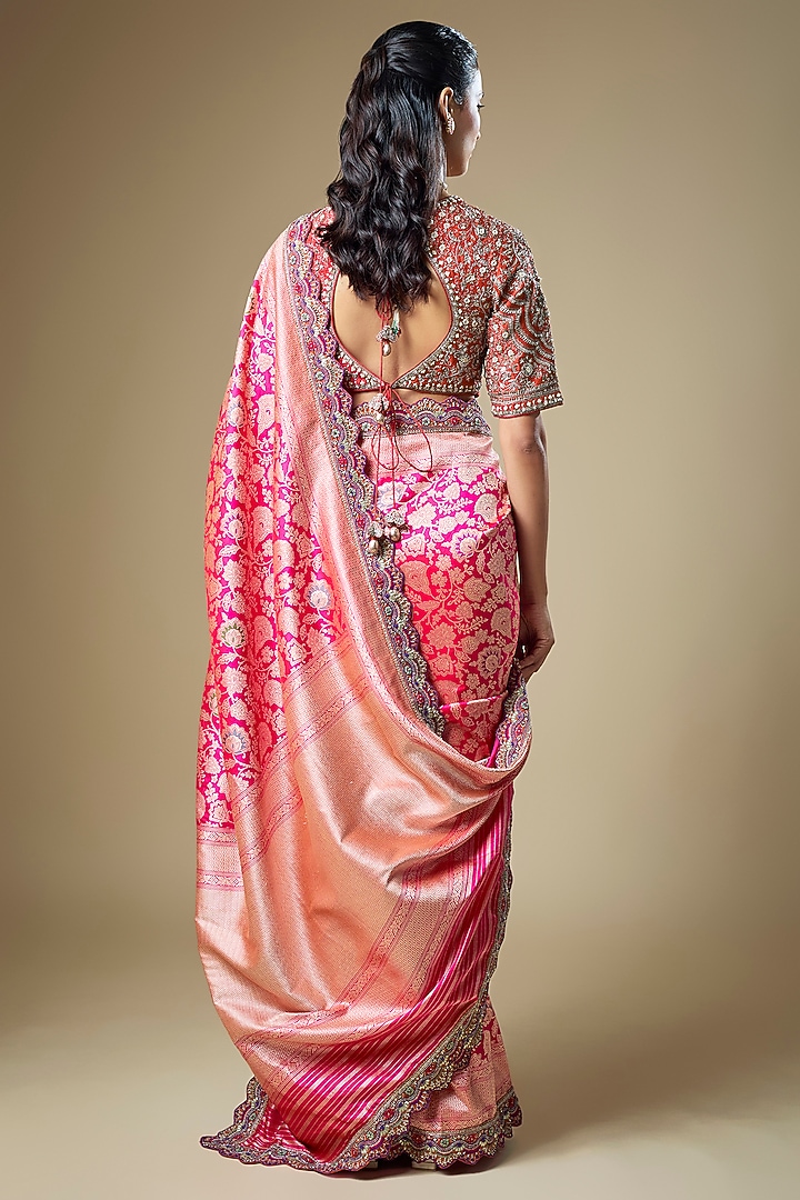 Pink Banarasi Zardosi Embroidered Woven Bridal Saree Set by Jayanti Reddy at Pernia's Pop Up Shop