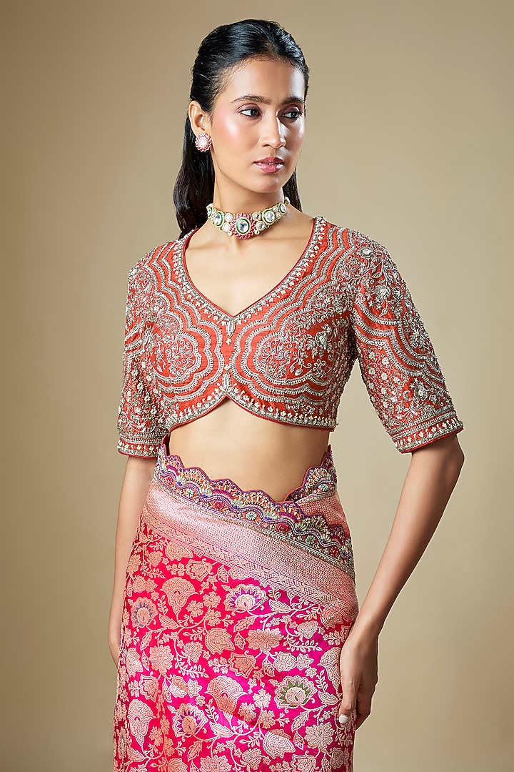 Pink Banarasi Zardosi Embroidered Woven Bridal Saree Set by Jayanti Reddy at Pernia's Pop Up Shop