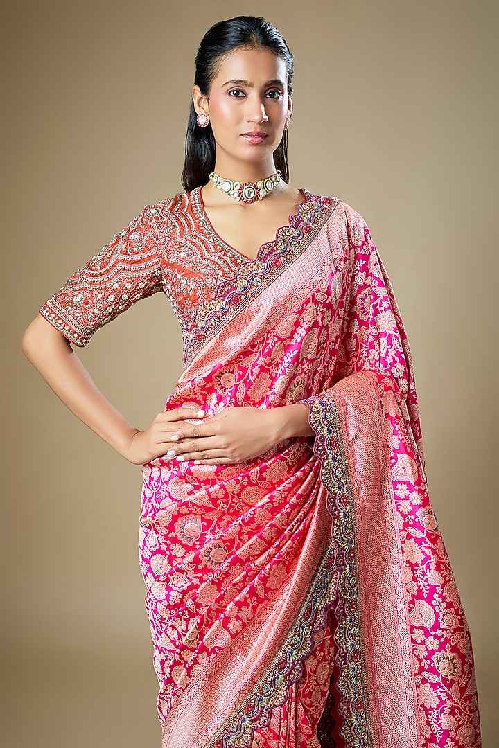 Pink Banarasi Zardosi Embroidered Woven Bridal Saree Set by Jayanti Reddy at Pernia's Pop Up Shop