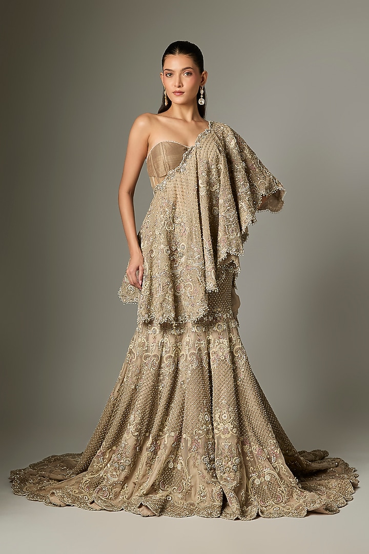 Beige Net Zardosi Work Bridal Lehenga Set by Jayanti Reddy at Pernia's Pop Up Shop