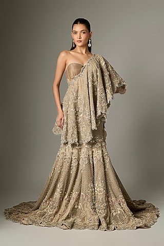 Beige Net Zardosi Work Lehenga Set by Jayanti Reddy