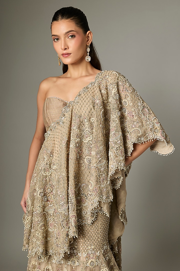 Beige Net Zardosi Work Bridal Lehenga Set by Jayanti Reddy at Pernia's Pop Up Shop