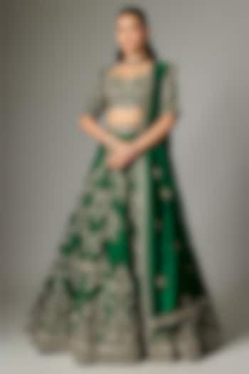 Bottle Green Raw Silk Zardosi Work Bridal Lehenga Set by Jayanti Reddy at Pernia's Pop Up Shop
