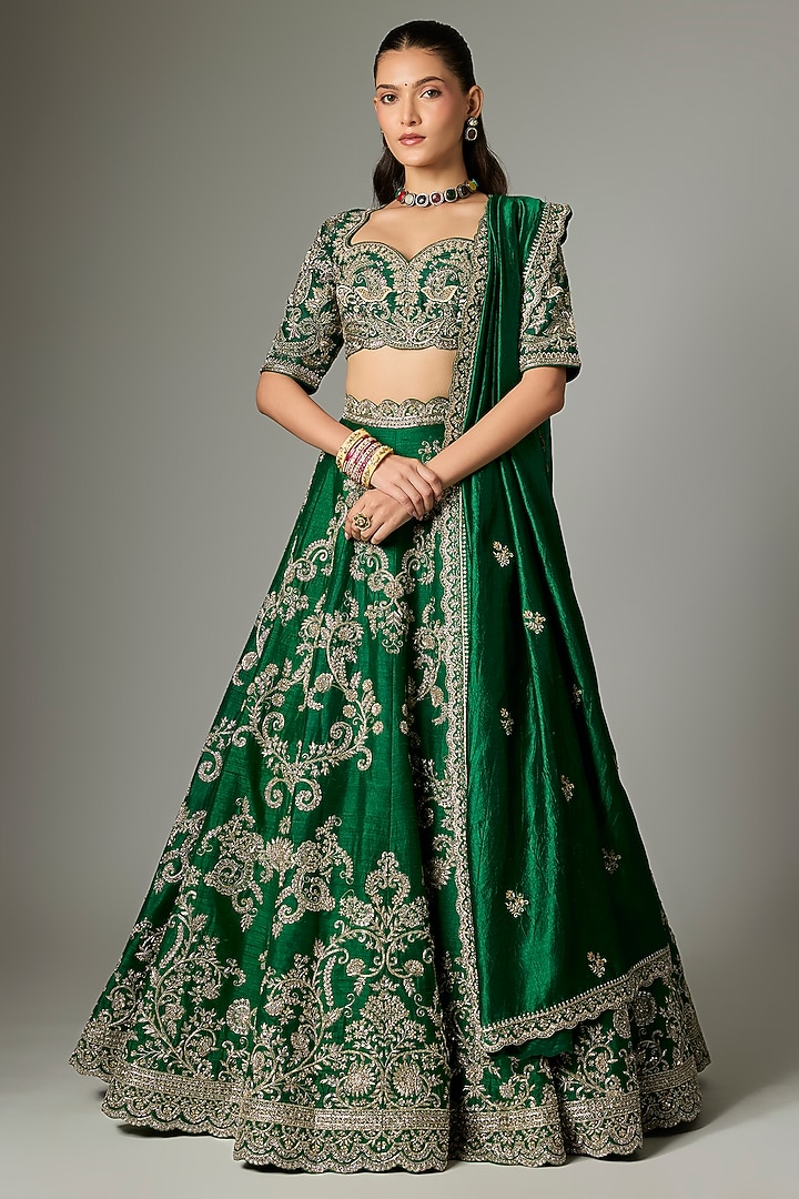 Bottle Green Raw Silk Zardosi Work Bridal Lehenga Set by Jayanti Reddy at Pernia's Pop Up Shop