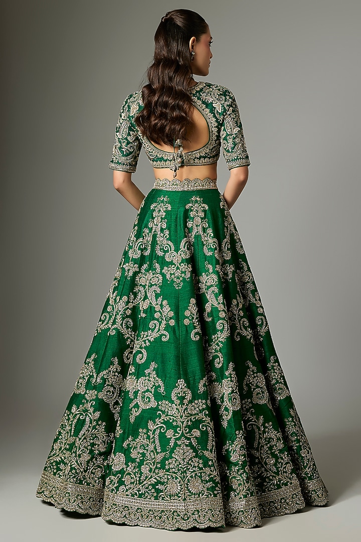 Bottle Green Raw Silk Zardosi Work Bridal Lehenga Set by Jayanti Reddy at Pernia's Pop Up Shop