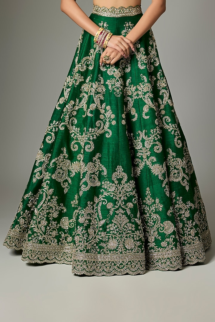 Bottle Green Raw Silk Zardosi Work Bridal Lehenga Set by Jayanti Reddy at Pernia's Pop Up Shop