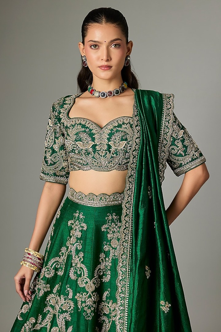 Bottle Green Raw Silk Zardosi Work Bridal Lehenga Set by Jayanti Reddy at Pernia's Pop Up Shop