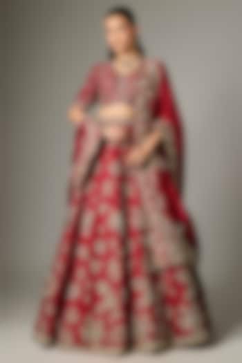 Red Raw Silk Zardosi Work Bridal Lehenga Set by Jayanti Reddy at Pernia's Pop Up Shop