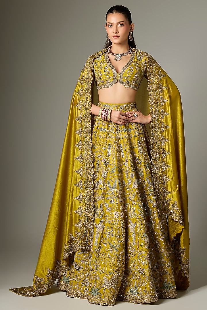 Mustard Raw Silk Zardosi Work Bridal Lehenga Set by Jayanti Reddy at Pernia's Pop Up Shop