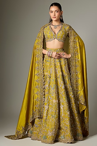 Mustard Raw Silk Zardosi Work Lehenga Set by Jayanti Reddy