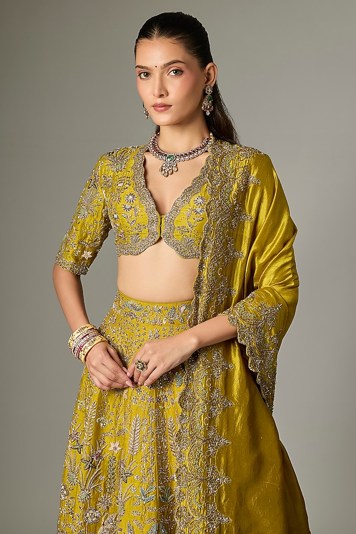 Mustard Raw Silk Zardosi Work Bridal Lehenga Set by Jayanti Reddy at Pernia's Pop Up Shop