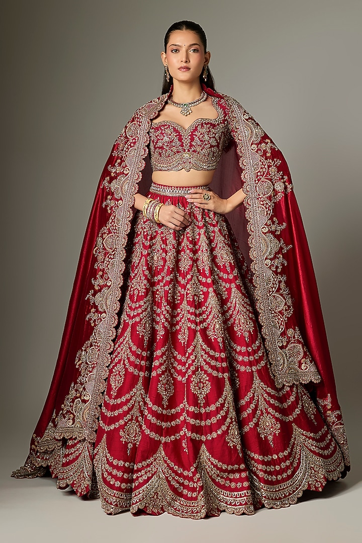 Red Raw Silk Zardosi Work Bridal Lehenga Set by Jayanti Reddy at Pernia's Pop Up Shop