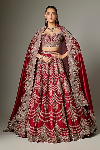 Red Raw Silk Zardosi Work Lehenga Set by Jayanti Reddy