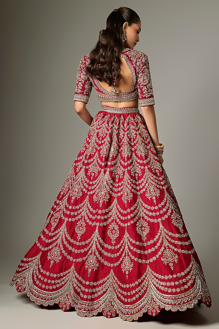 Red Raw Silk Zardosi Work Bridal Lehenga Set by Jayanti Reddy at Pernia's Pop Up Shop