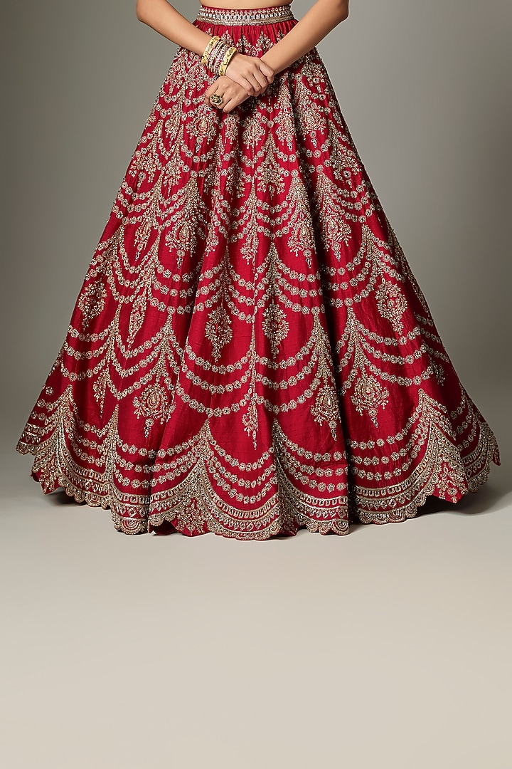 Red Raw Silk Zardosi Work Bridal Lehenga Set by Jayanti Reddy at Pernia's Pop Up Shop