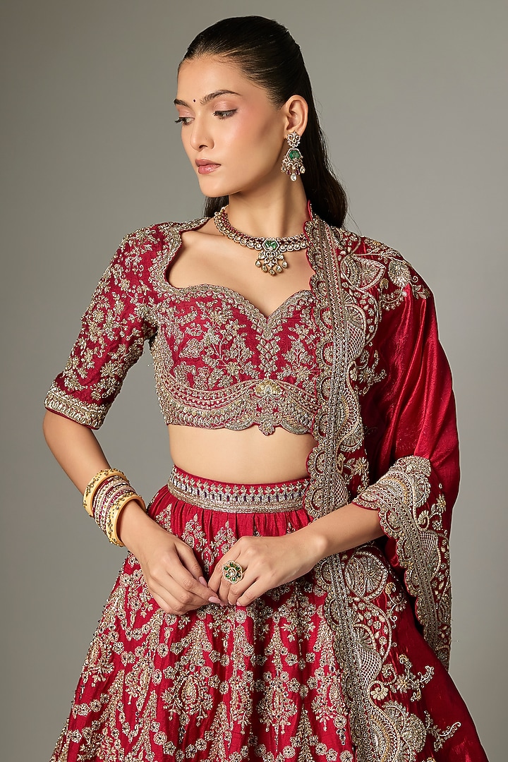 Red Raw Silk Zardosi Work Bridal Lehenga Set by Jayanti Reddy at Pernia's Pop Up Shop